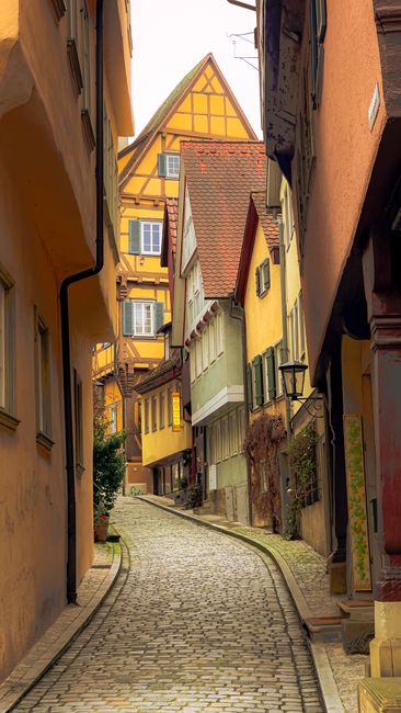 Narrow cobblestone street lined with colorful medieval buildings in a picturesque European village.