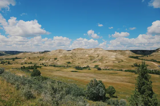 Painted badlands buttes at golden hour in Theodore Roosevelt National Park