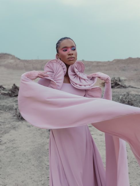 Model in a stylish pink gown with dramatic sleeves poses in a desert landscape.