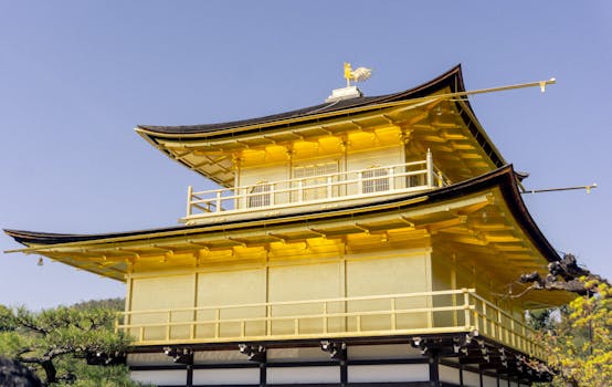 Bright sunny view of the iconic Golden Pavilion in Kyoto, Japan, showcasing traditional architecture.