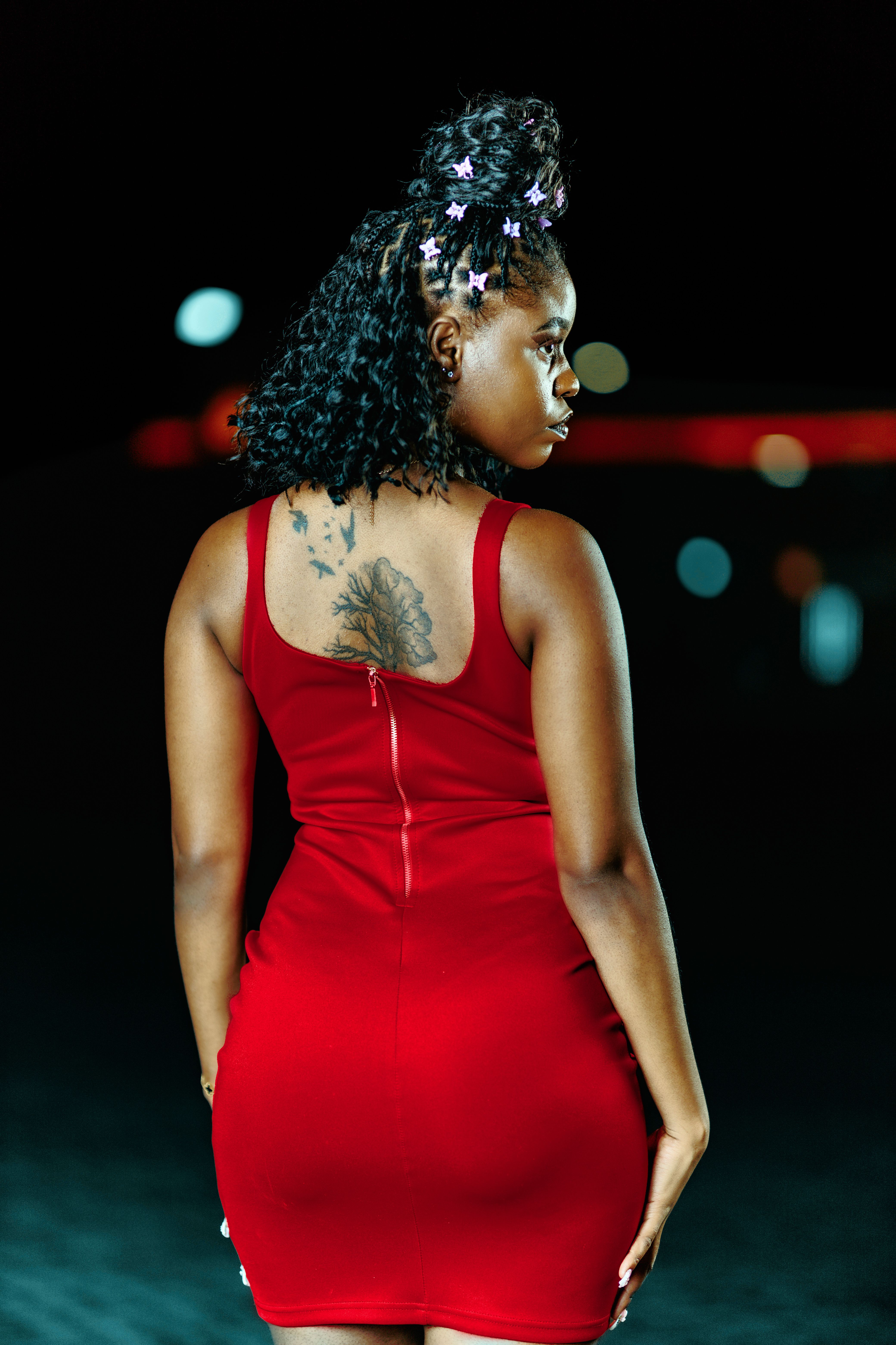 Stylish Woman in Red Dress at Night  Free Stock Photo