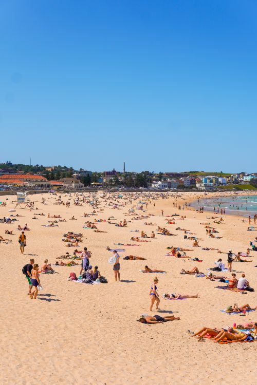 Free Vibrant scene of Bondi Beach with people enjoying the summer sun and sand. Stock Photo