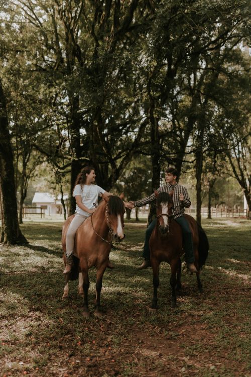 Free A young couple enjoys horseback riding through a serene wooded area on a sunny day. Stock Photo