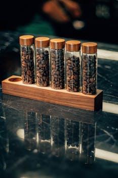 Glass tubes filled with coffee beans on a wooden stand, reflected on a polished surface.