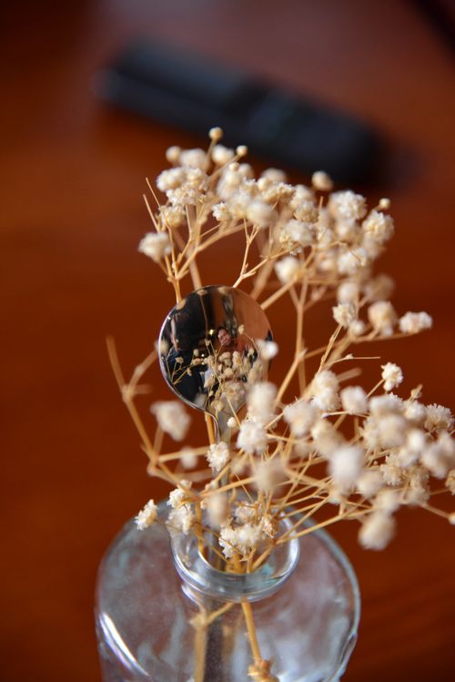 Free Artistic close-up of dried baby's breath flowers in a glass vase, with warm tones. Stock Photo