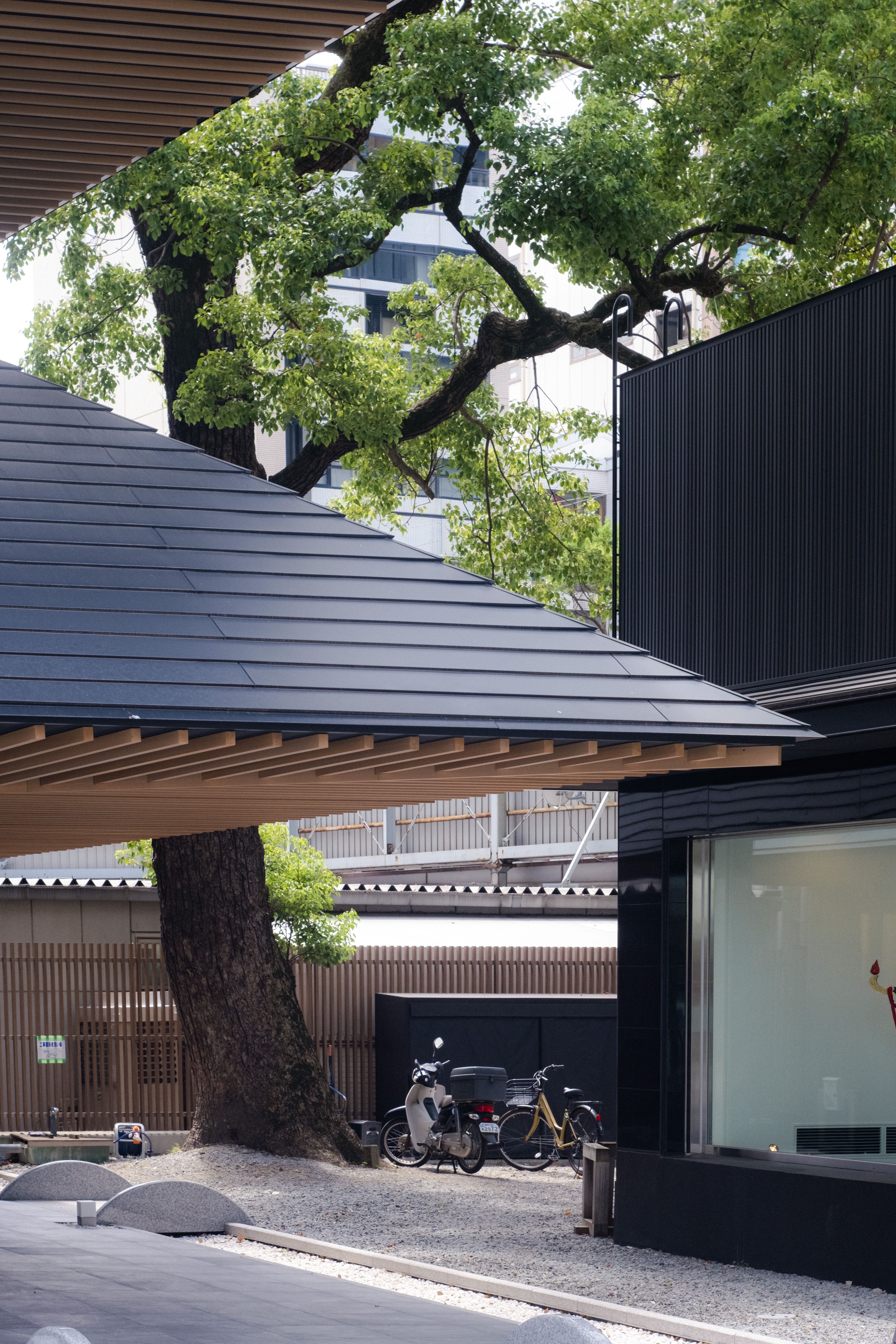 A harmonious blend of modern architecture and nature with parked bicycles in Japan.