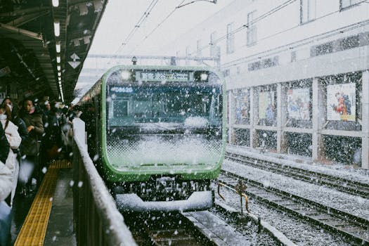 Snow falls at a bustling Shinjuku Station platform in Tokyo, Japan.