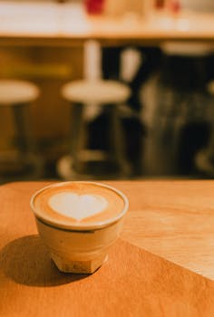 A warm latte with heart art in a cozy, dimly lit café environment, perfect for relaxing.