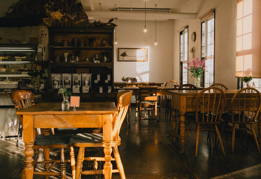Cafe corner with wooden furniture
