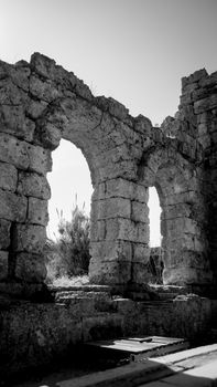 Black and white photo of ancient ruins featuring stone arches amid natural scenery.
