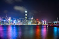 迷人的夜间景色中，香港明亮的天际线倒映在港口上空