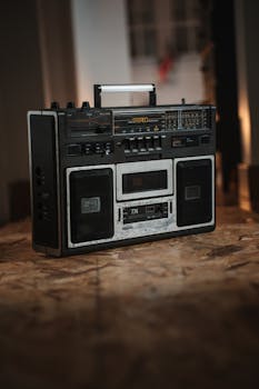 Classic vintage boombox with cassette player, perfect for retro music lovers.