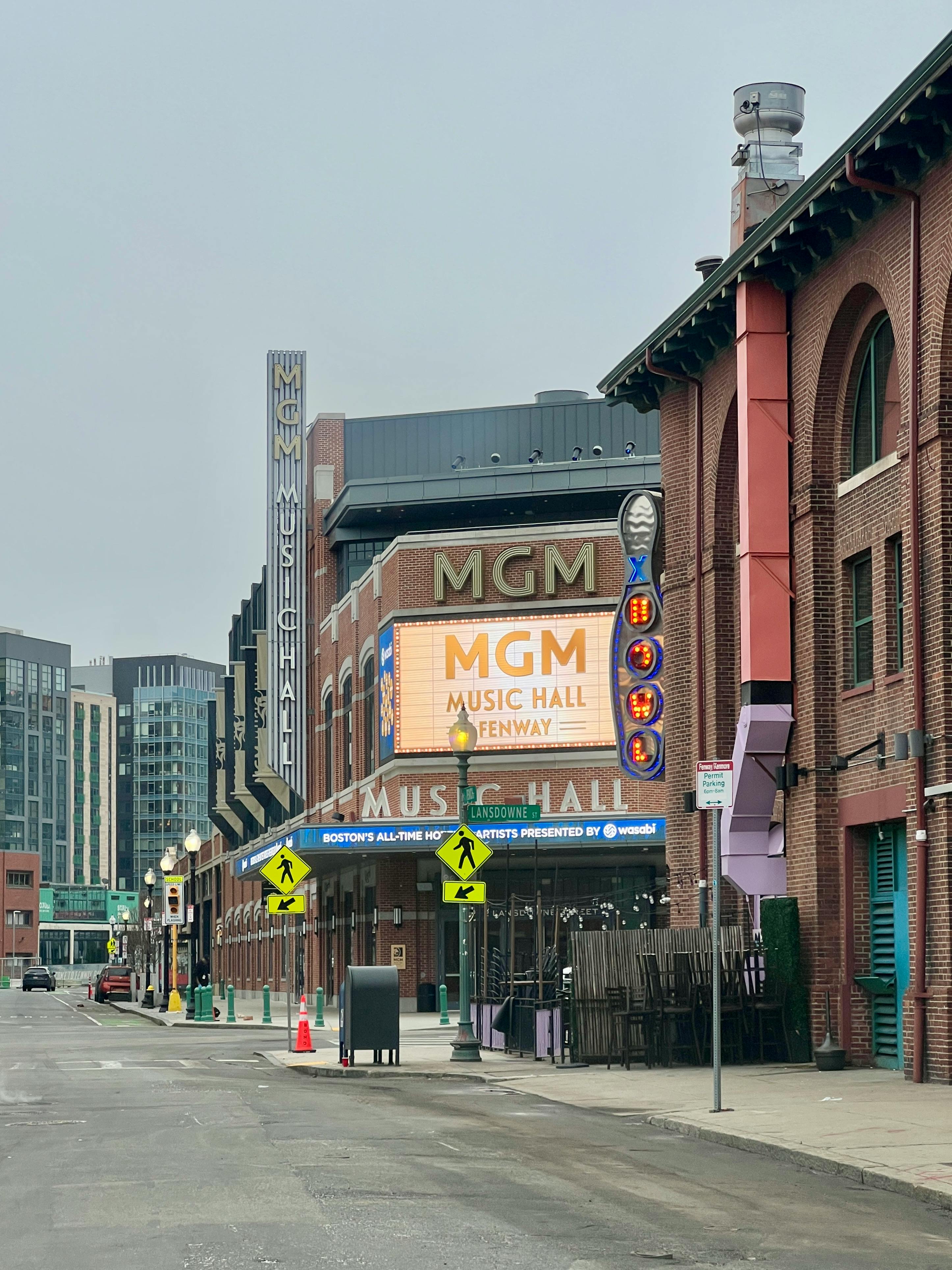 Free Street view of MGM Music Hall at Fenway, Boston with urban cityscape. Stock Photo