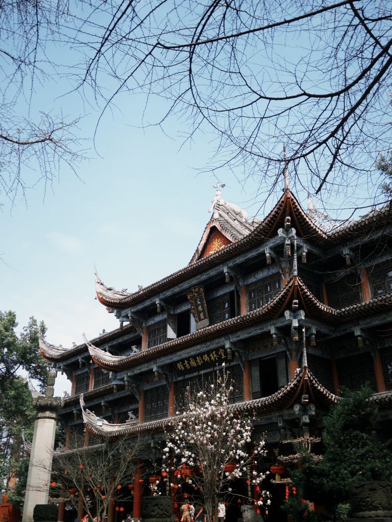 Multi-storey timber pavilion of a Chinese monastery in Chengdu