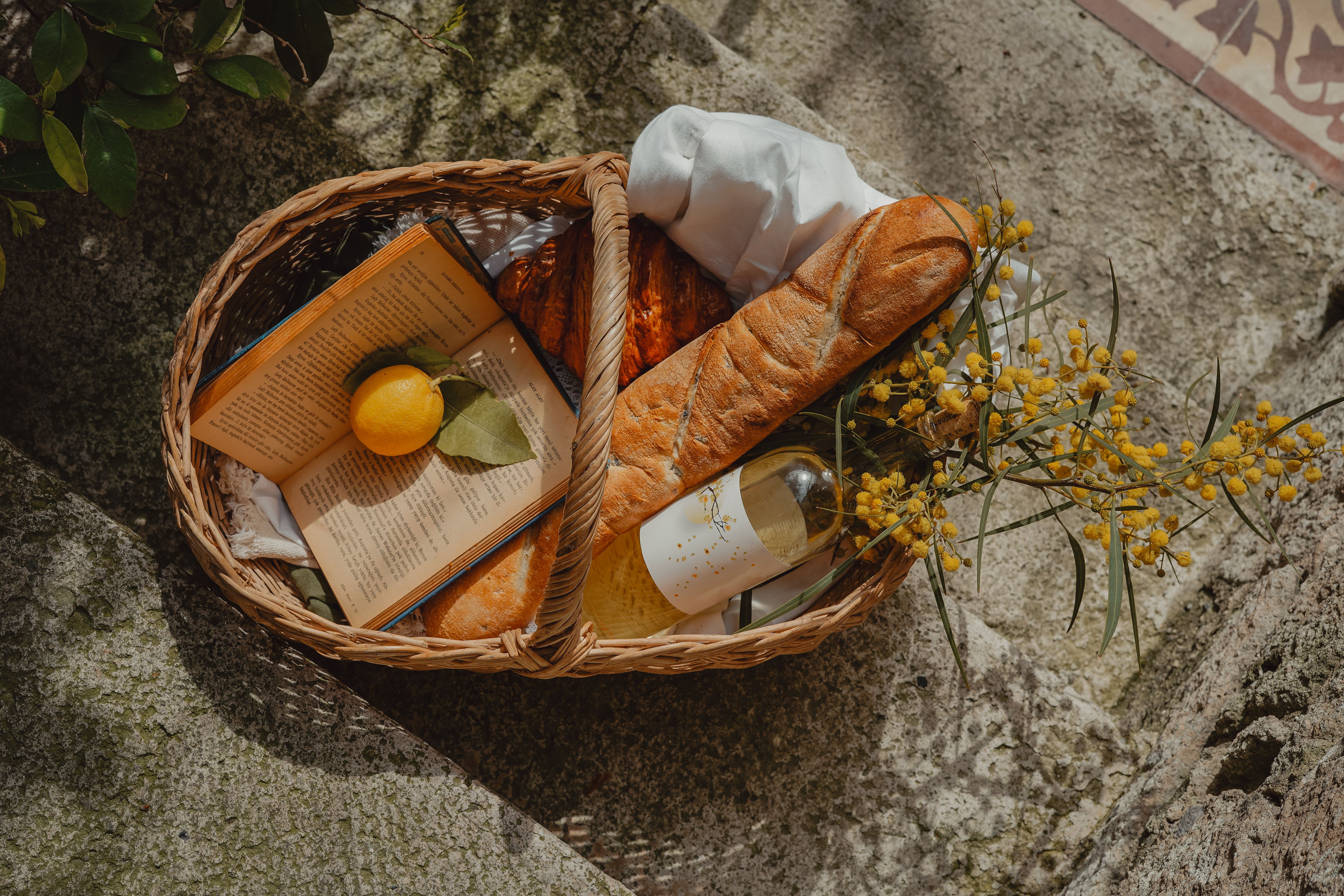 Rustic Picnic Basket with Bread and Wine · Free Stock Photo