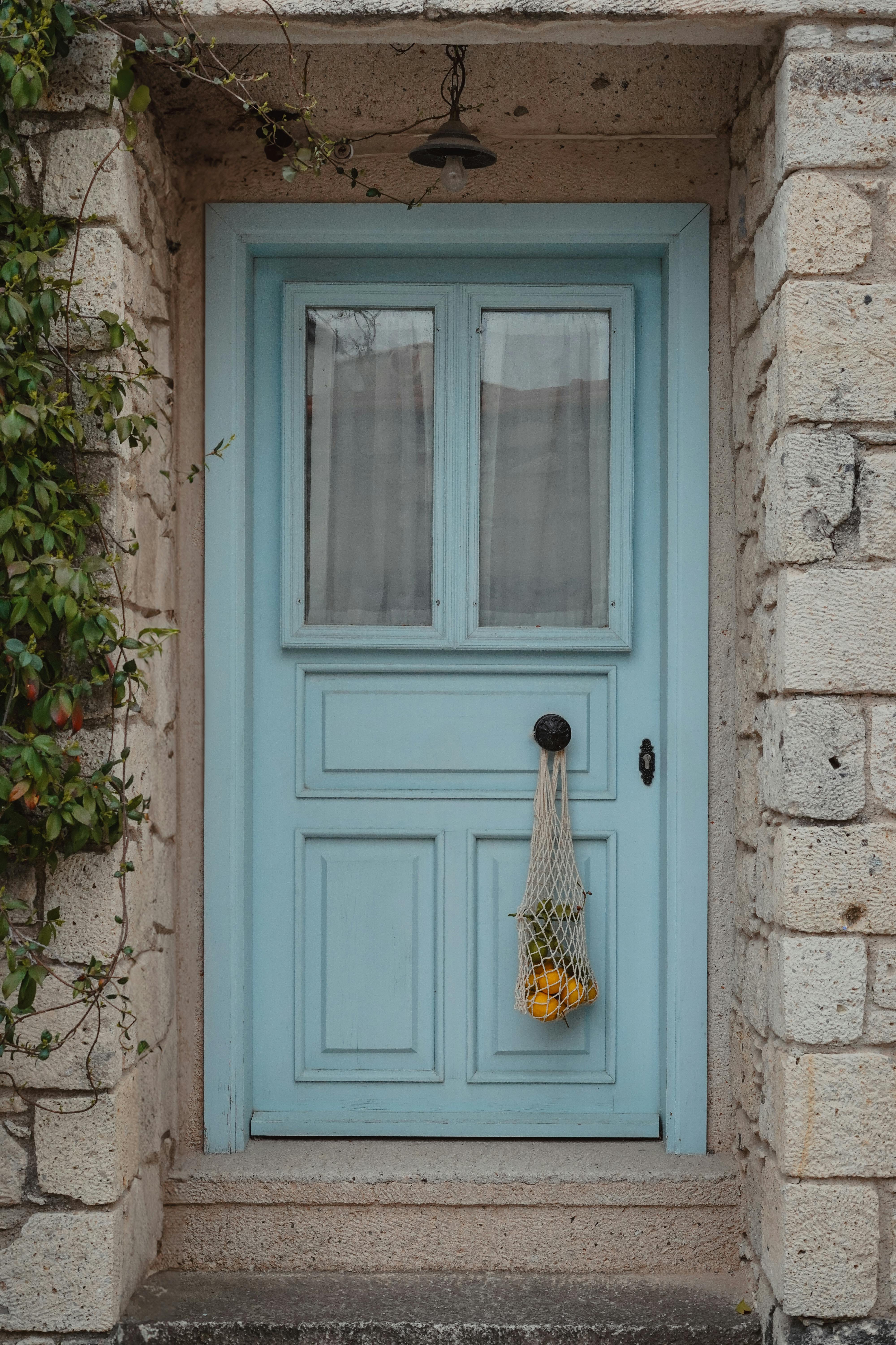 Rustic blue door with a hanging mesh bag of fruit, surrounded by ivy.