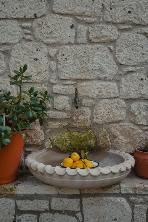 Free Charming rustic stone wall with faucet, lemons, and potted plants. Stock Photo