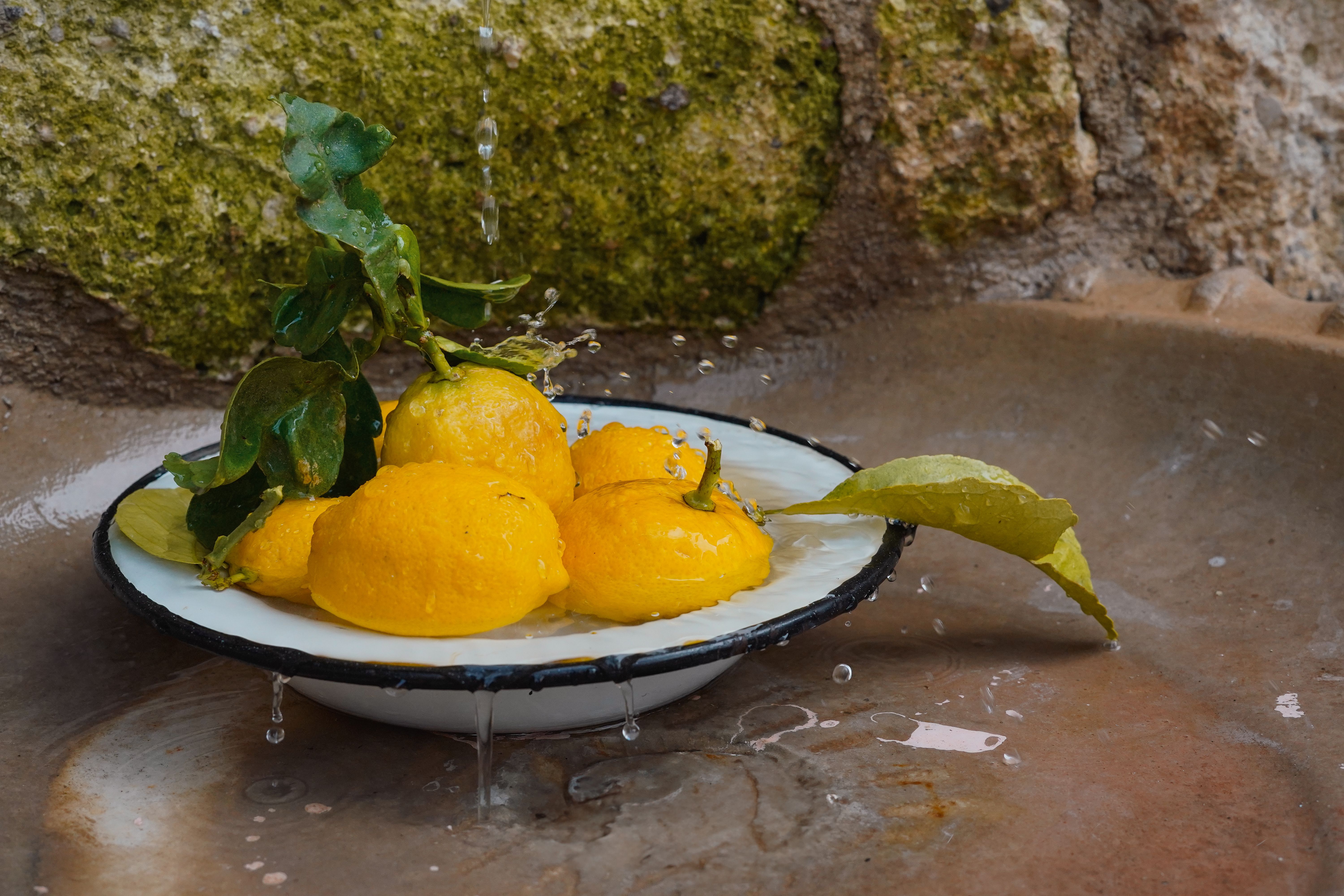 Fresh lemons in a bowl of water, used for the microwave steam-cleaning method