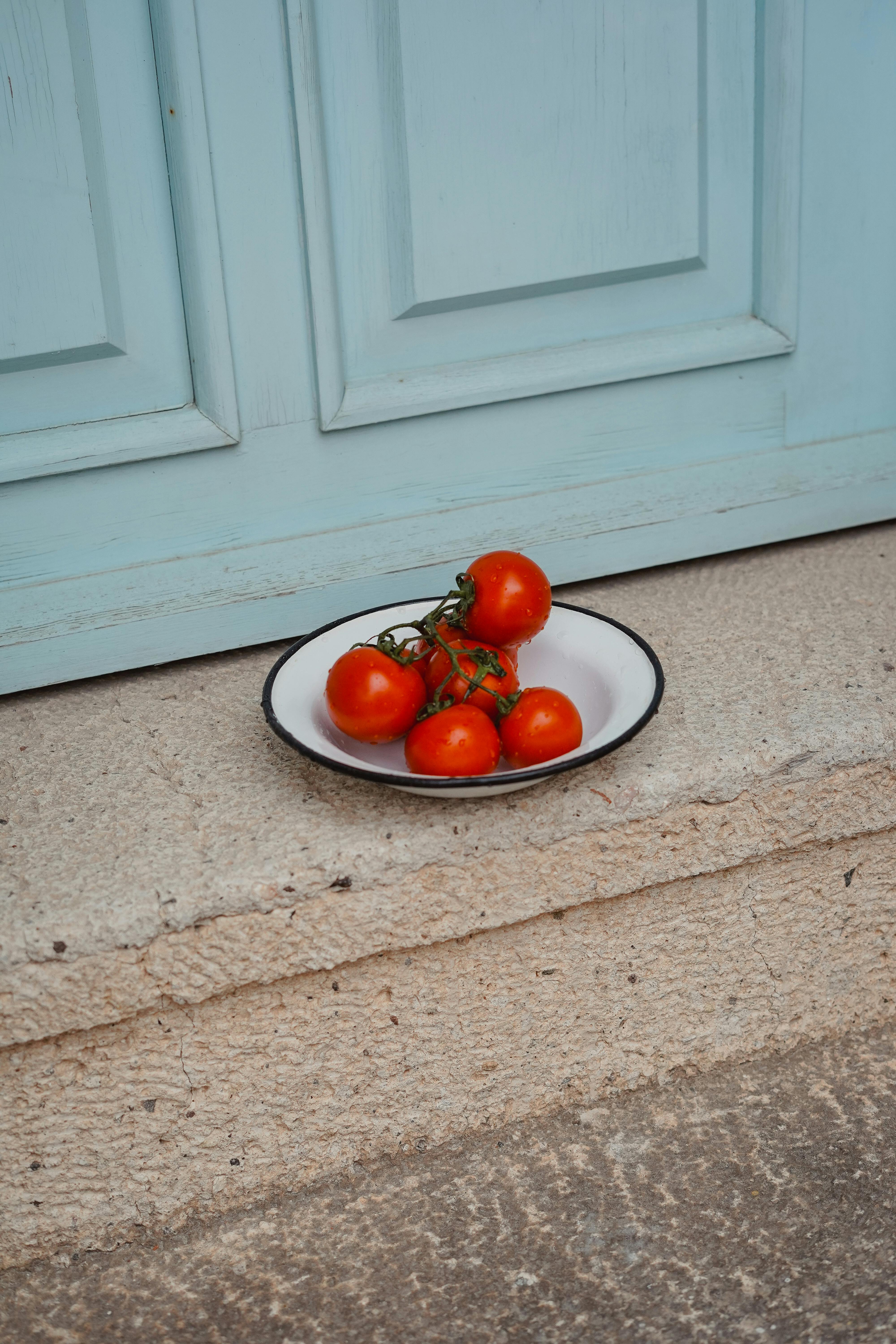 A bowl of red tomatoes on a stone step against a pale blue door.