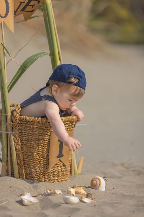 Free Adorable baby in a basket on a sandy beach, surrounded by seashells, wearing a blue cap. Perfect for summer and nature themes. Stock Photo