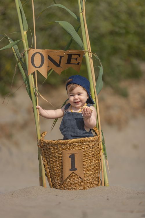 Free Cute baby celebrating first birthday at beach in a woven basket. Stock Photo