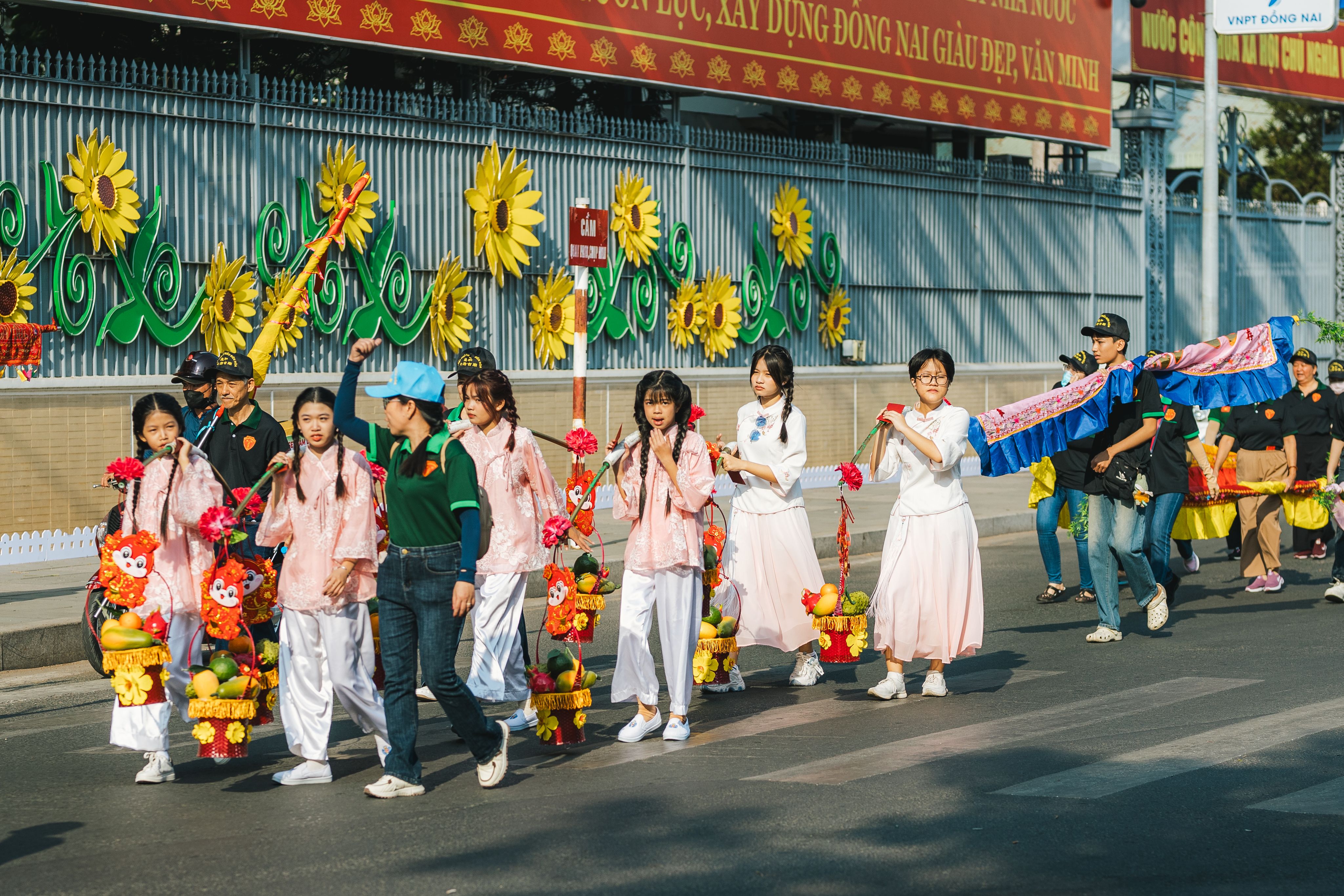 Vibrant street parade featuring traditional attire and festive decorations. Captivating cultural celebration scene.