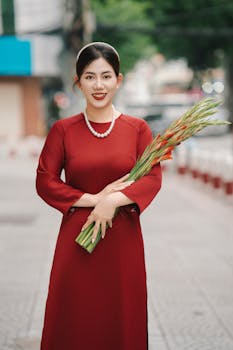 Smiling woman in red dress holding a bouquet of gladiolus flowers on a city street.