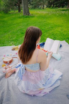 Woman reading a book at a picnic in a sunny park in Denver, Colorado.