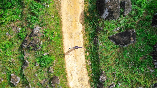 Aerial shot of a solitary figure on a dirt path surrounded by lush greenery and rocks.