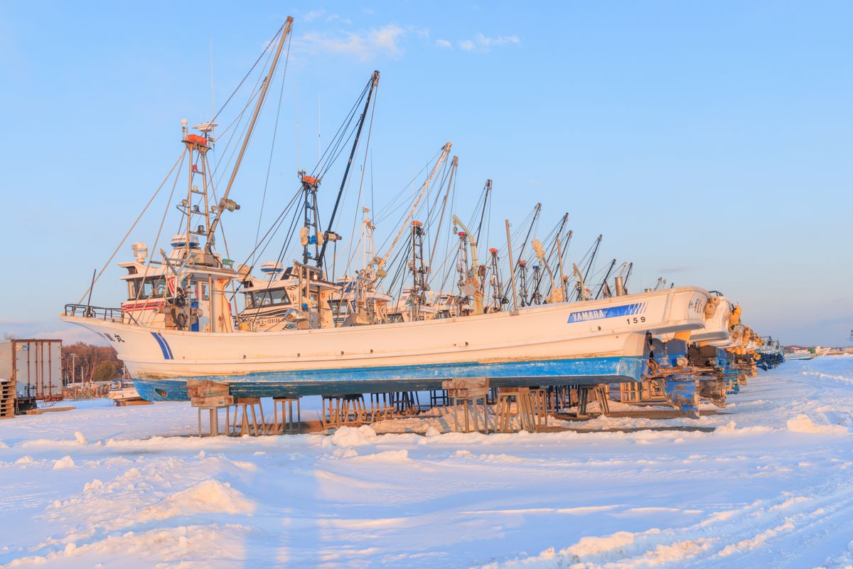 Fishing boats moored along a snowy Hokkaido shore in winter sunlight, like Hakodate's bay