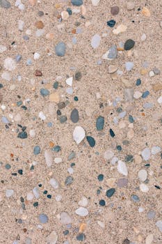 Detailed view of assorted pebbles and sand showcasing natural texture and colors.