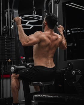Muscular man working out on a lat pulldown machine in a dark gym setting.