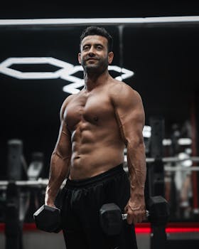 A muscular man holding dumbbells in a gym, showcasing strength and determination.
