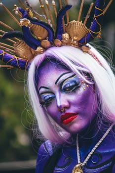 Vibrant fantasy cosplay featuring elaborate makeup and headpiece in outdoor setting.
