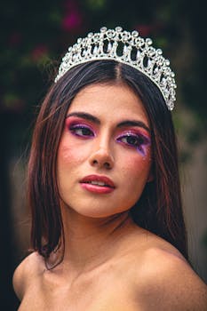 Portrait of a young woman in fantasy cosplay with artistic makeup and a jeweled crown.