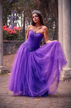 A woman dressed as a princess in a vibrant purple gown stands elegantly in a wooded park.