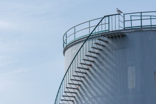 A seagull rests on the stairs of an industrial storage tank, casting shadows.