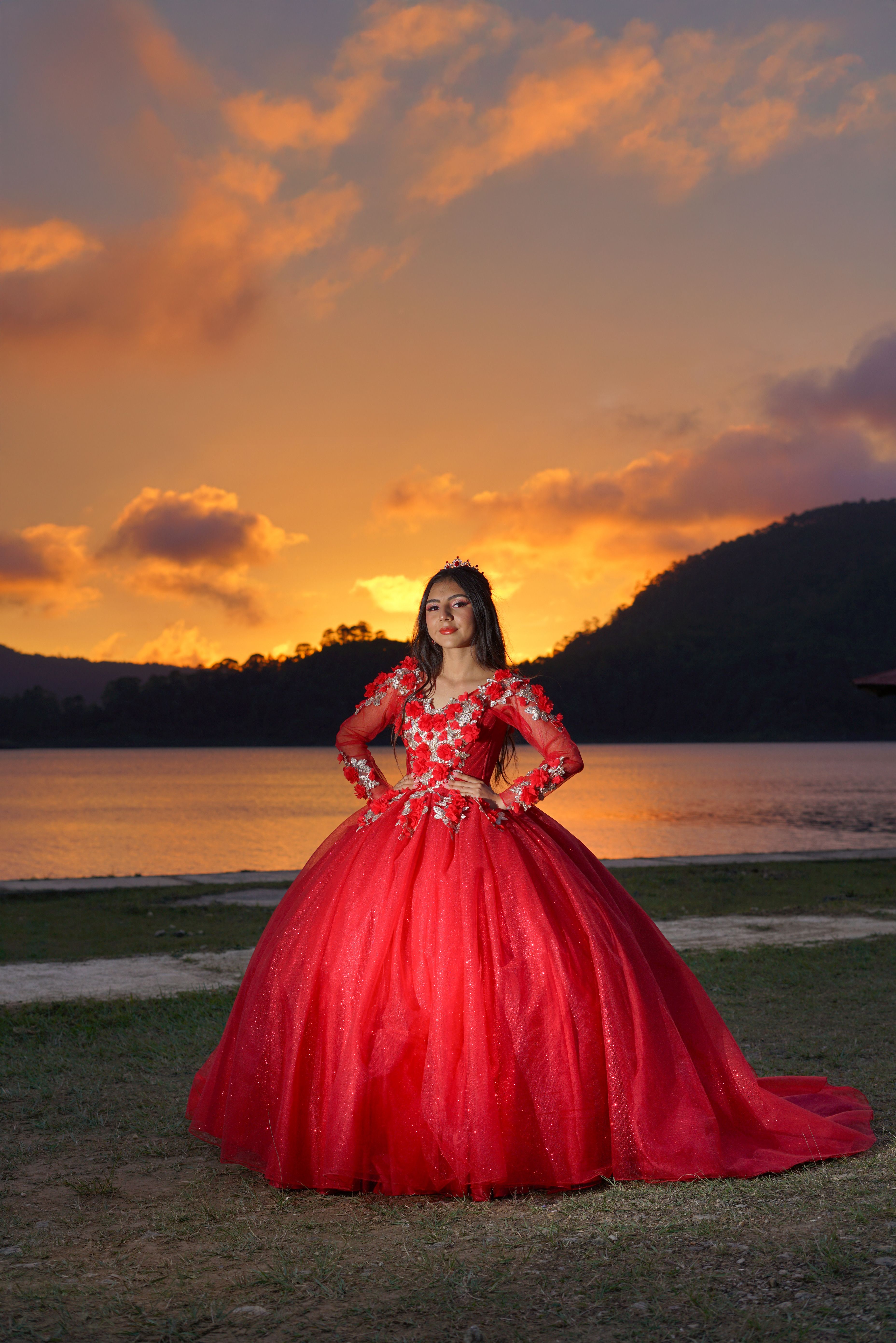Elegant Woman in Red Dress at Sunset by Lake  Free Stock Photo