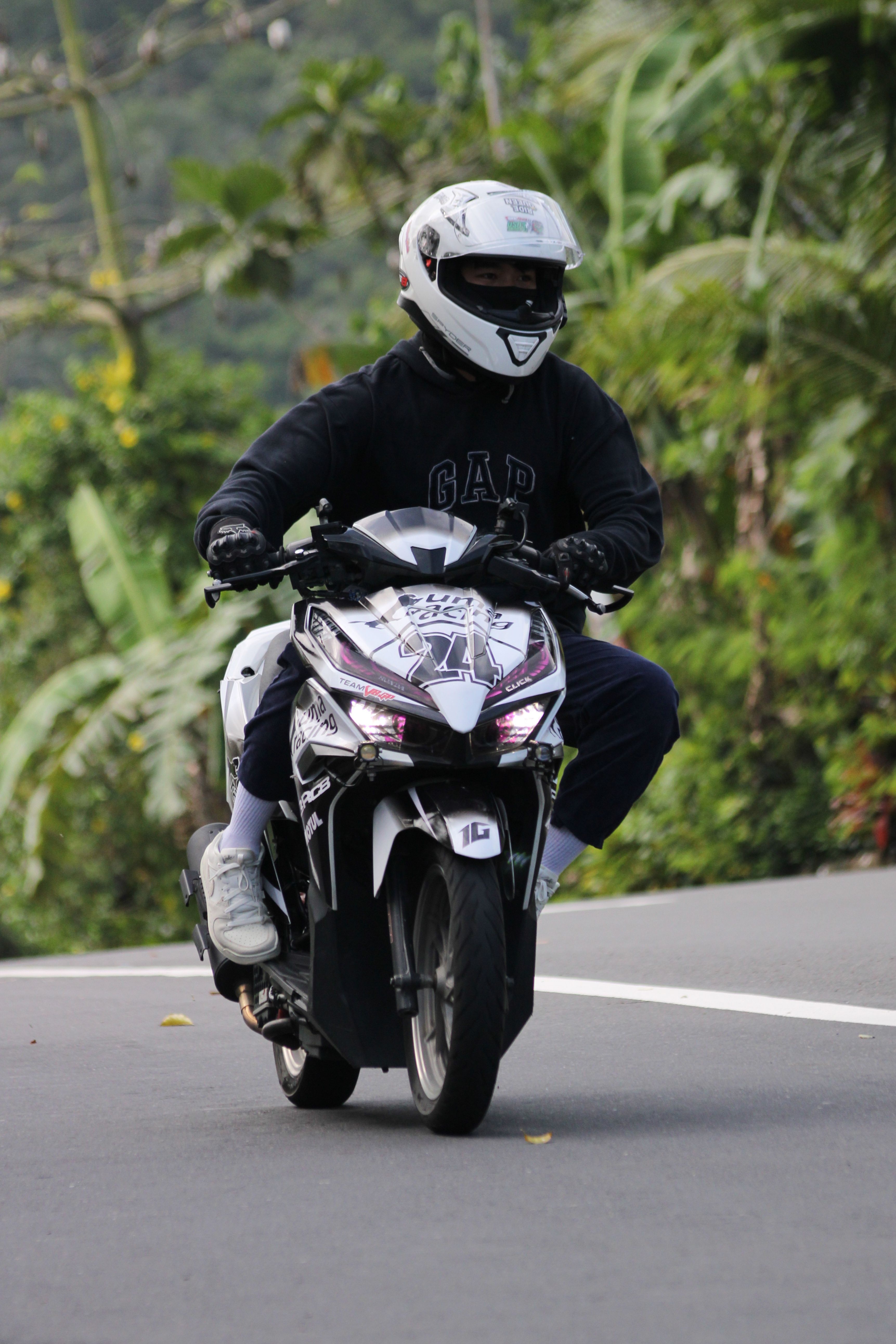 Motorcyclist in helmet riding on a winding tropical road.