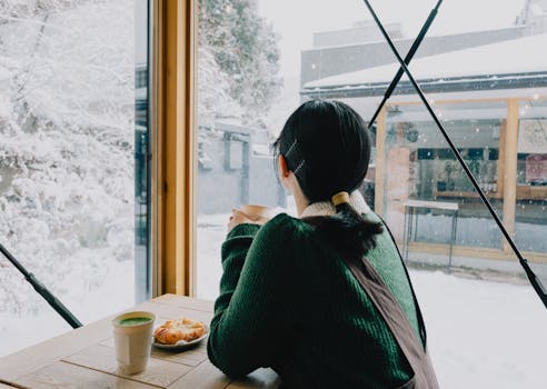 Woman enjoying coffee inside a cafe, gazing at snow-covered landscape in Nikko, Japan.