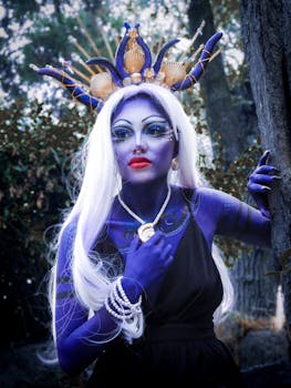 Dramatic fantasy character with intricate makeup in outdoor woodland setting.