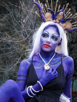 A woman in Halloween-inspired fantasy makeup and costume with bold colors and detailed artistry.