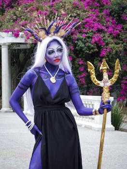 A captivating fantasy character cosplay with elaborate makeup and costume set against an outdoor backdrop.