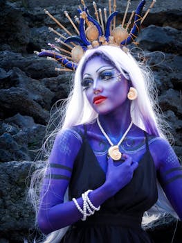 A stunning fantasy cosplay with intricate makeup and colorful costume set against a rocky background.