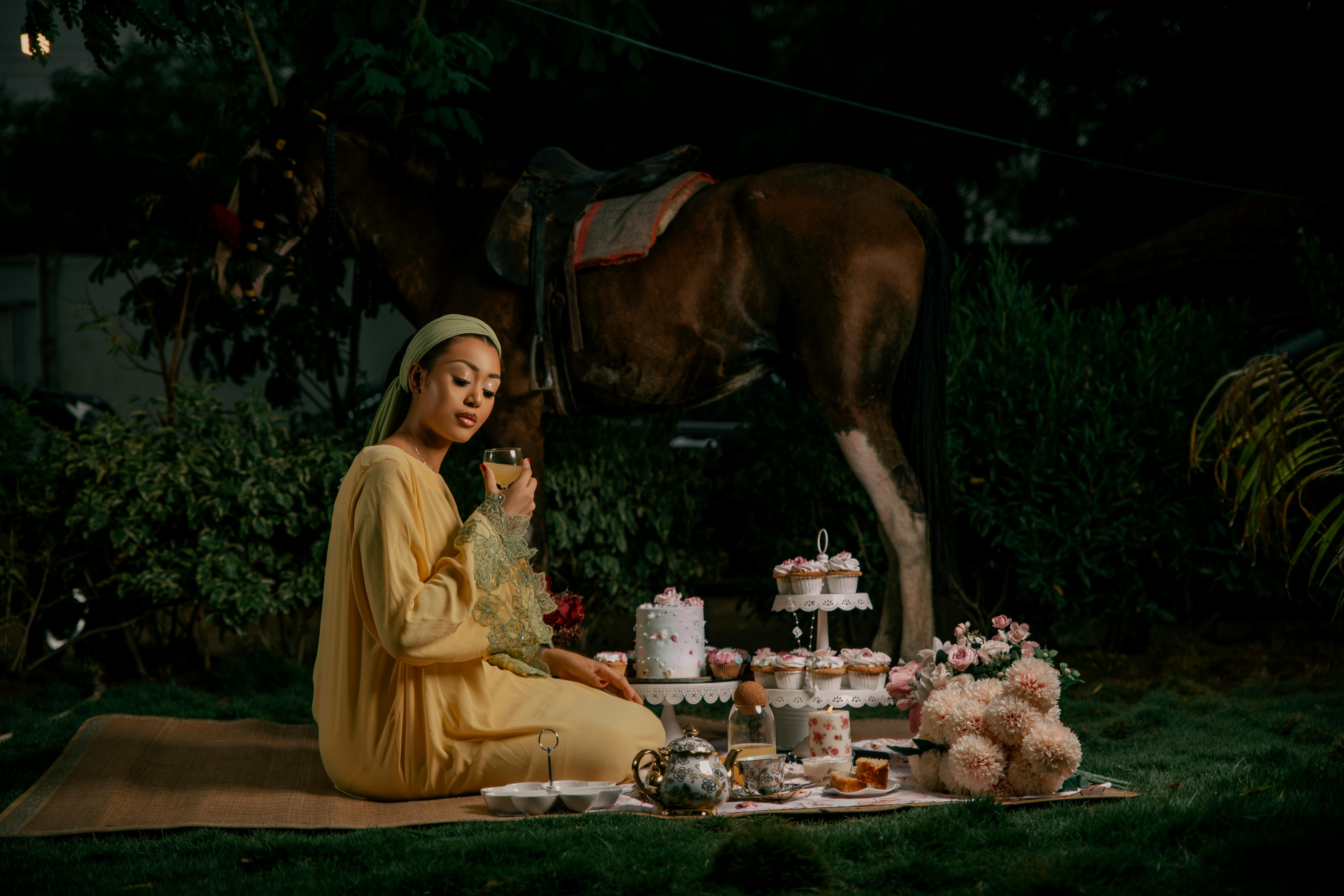 Elegant picnic setup with tea and desserts outdoors, horse in background.