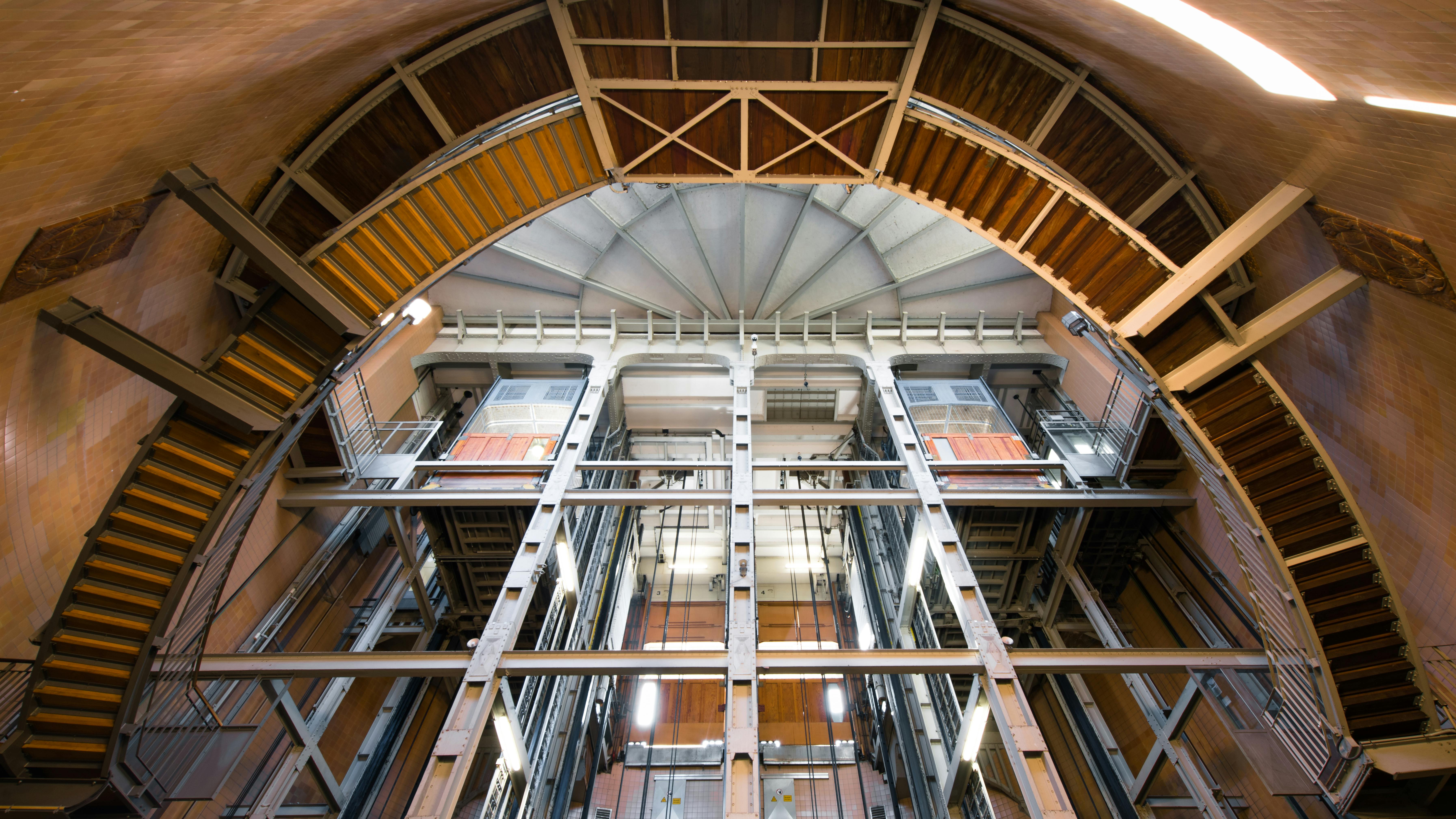 View of the iconic Old Elbe Tunnel elevator shaft showcasing industrial architecture in Hamburg, Germany.