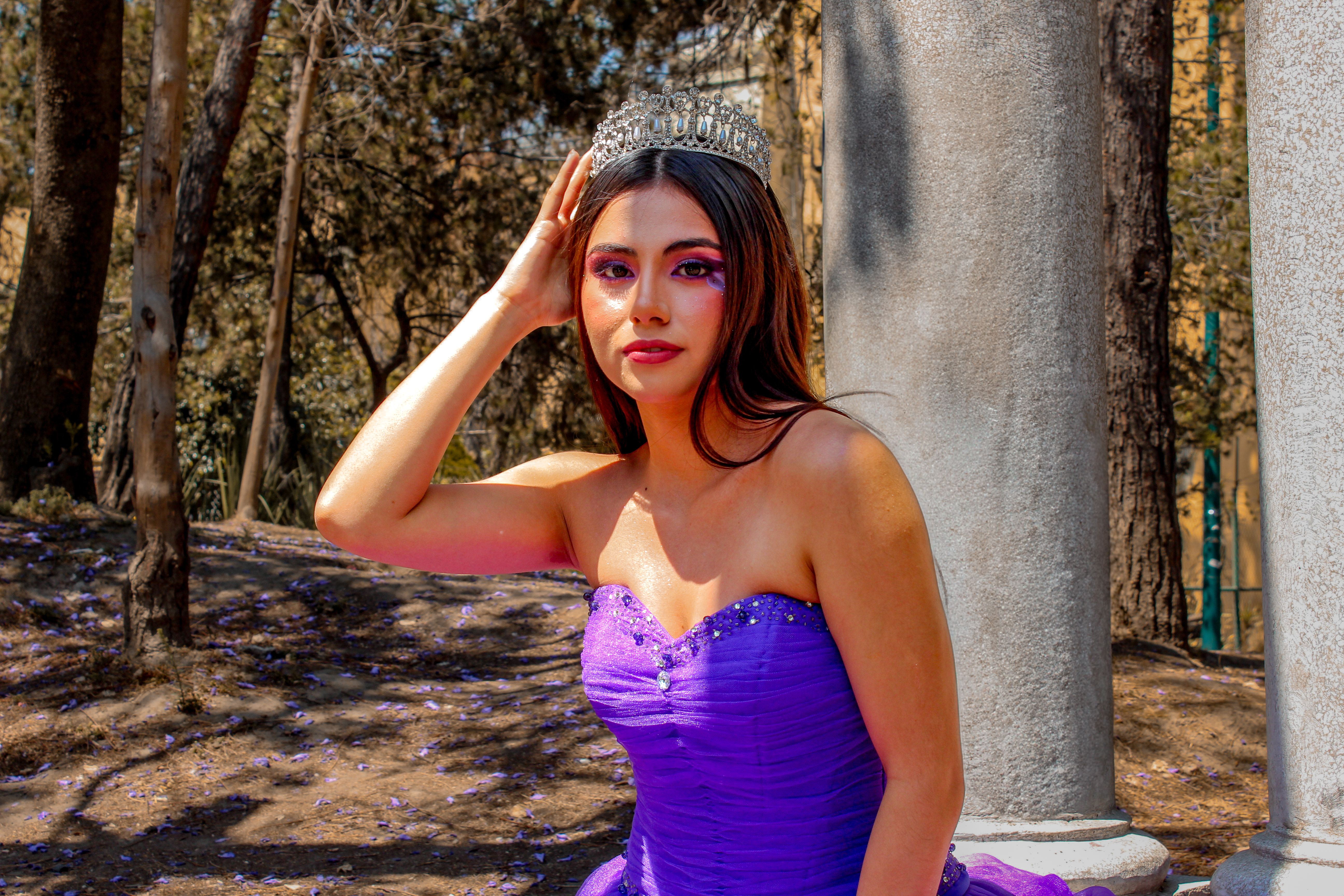 Elegant Woman in Purple Dress at Park · Free Stock Photo