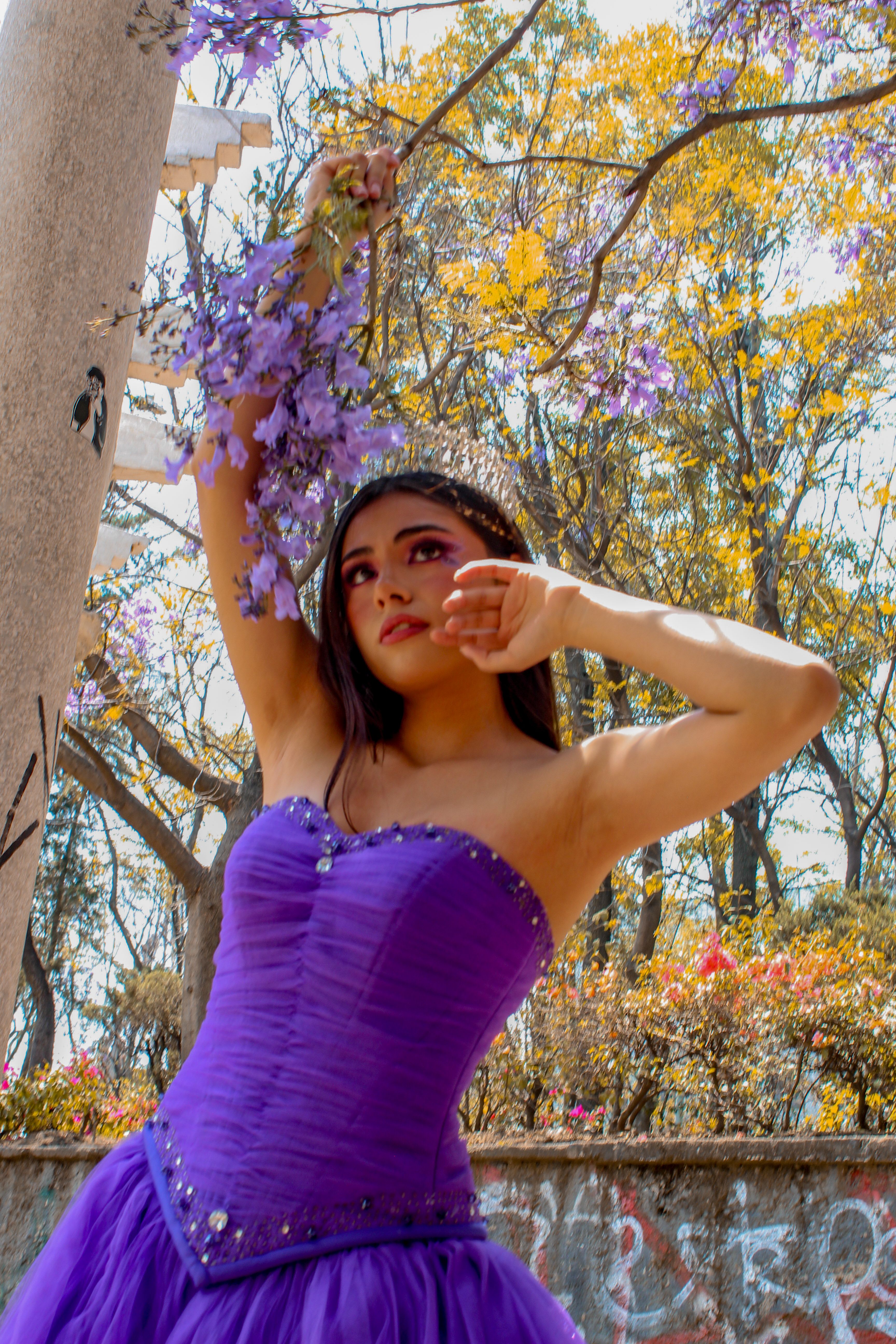 Elegant Woman in Purple Dress Amidst Spring Blossoms · Free Stock Photo