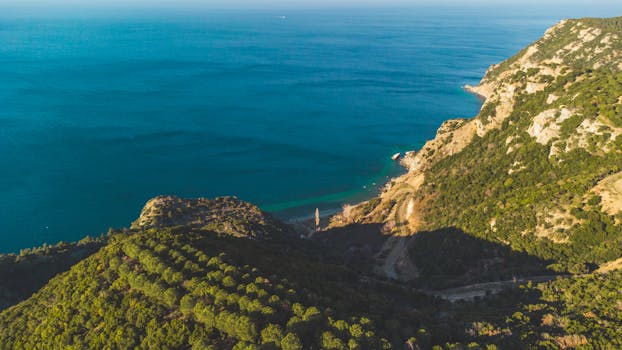 Stunning aerial view capturing a mountain landscape meeting the clear blue sea along a rugged coastline.