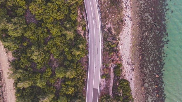 Drone aerial view of a winding road by the sea with lush green forest on one side and coastline on the other.